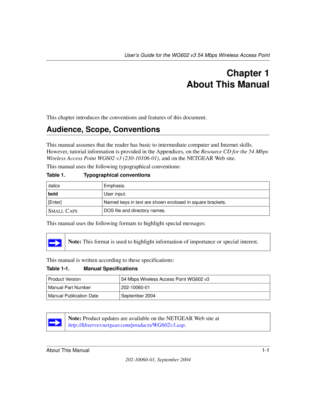 NETGEAR WG602NA Chapter About This Manual, Audience, Scope, Conventions, Typographical conventions, Manual Specifications 