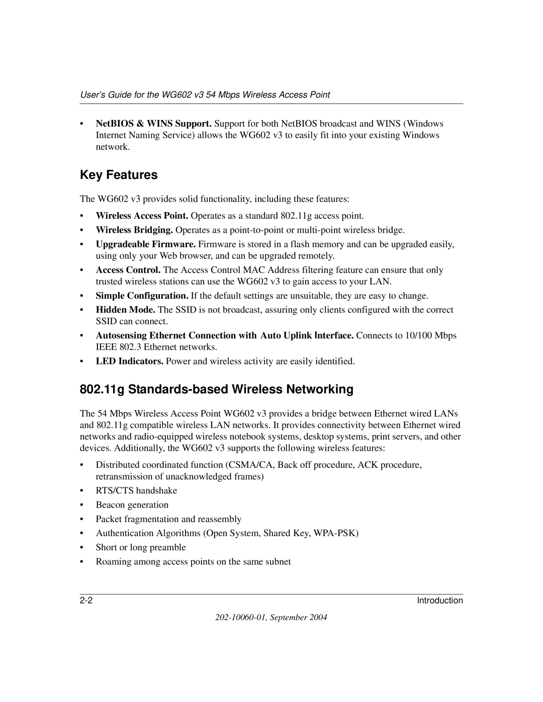 NETGEAR WG602NA manual Key Features, 802.11g Standards-based Wireless Networking 