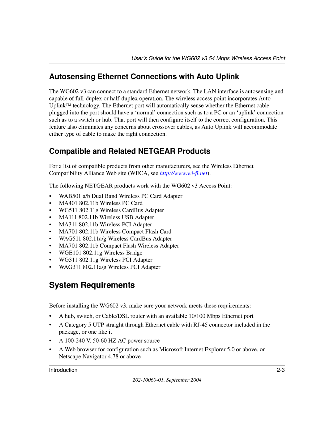 NETGEAR WG602NA manual System Requirements, Autosensing Ethernet Connections with Auto Uplink 