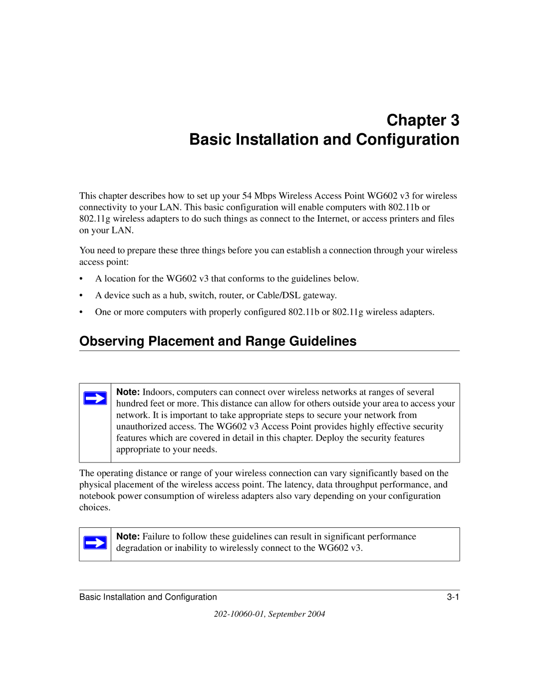 NETGEAR WG602NA manual Chapter Basic Installation and Configuration, Observing Placement and Range Guidelines 