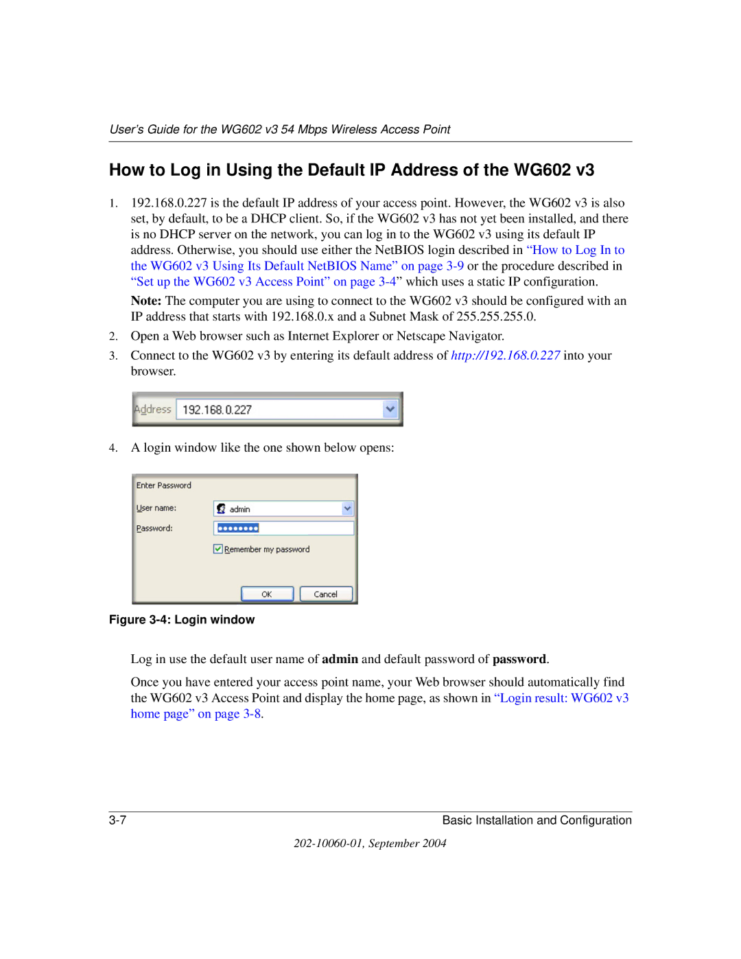 NETGEAR WG602NA manual How to Log in Using the Default IP Address of the WG602 