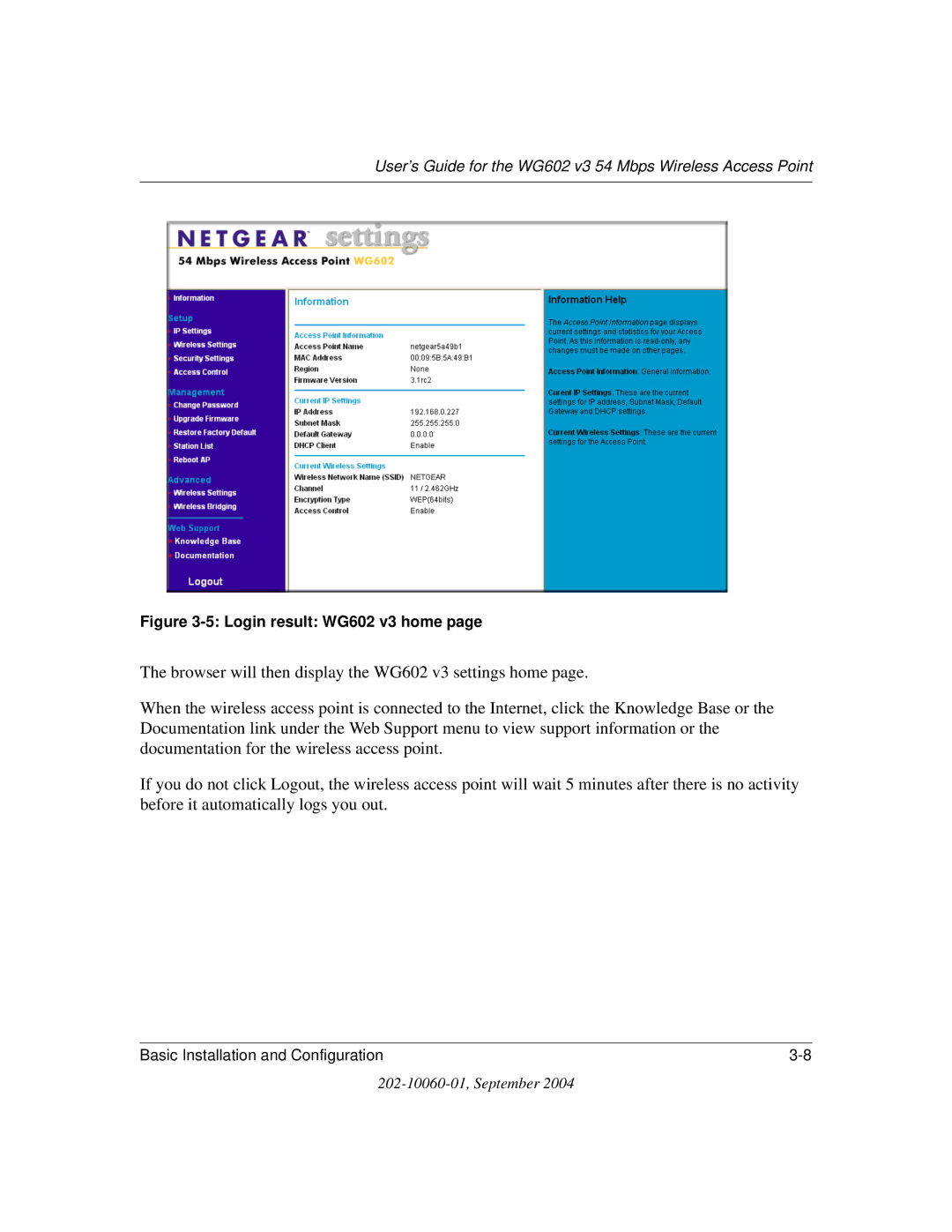 NETGEAR WG602NA manual Login result WG602 v3 home 