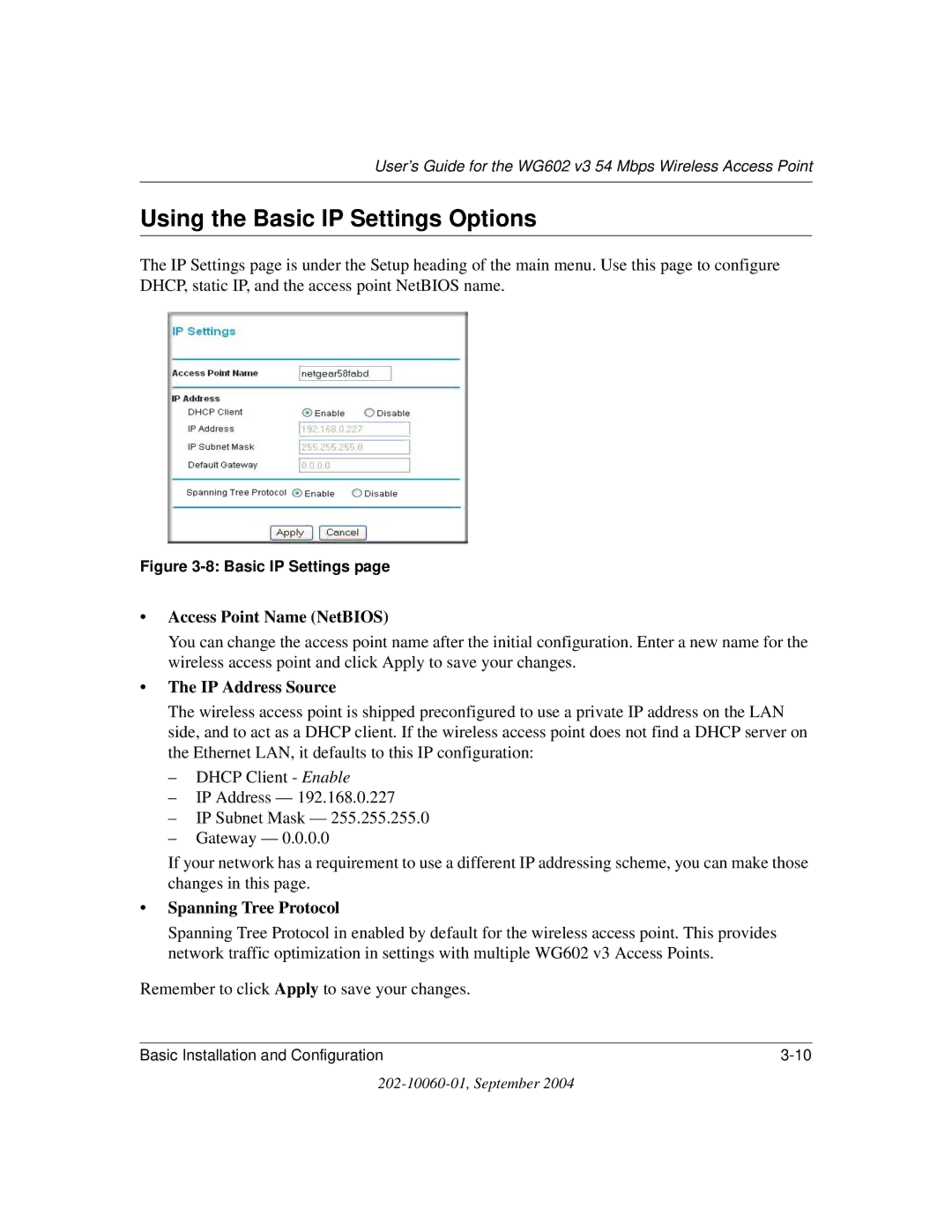 NETGEAR WG602NA manual Using the Basic IP Settings Options 