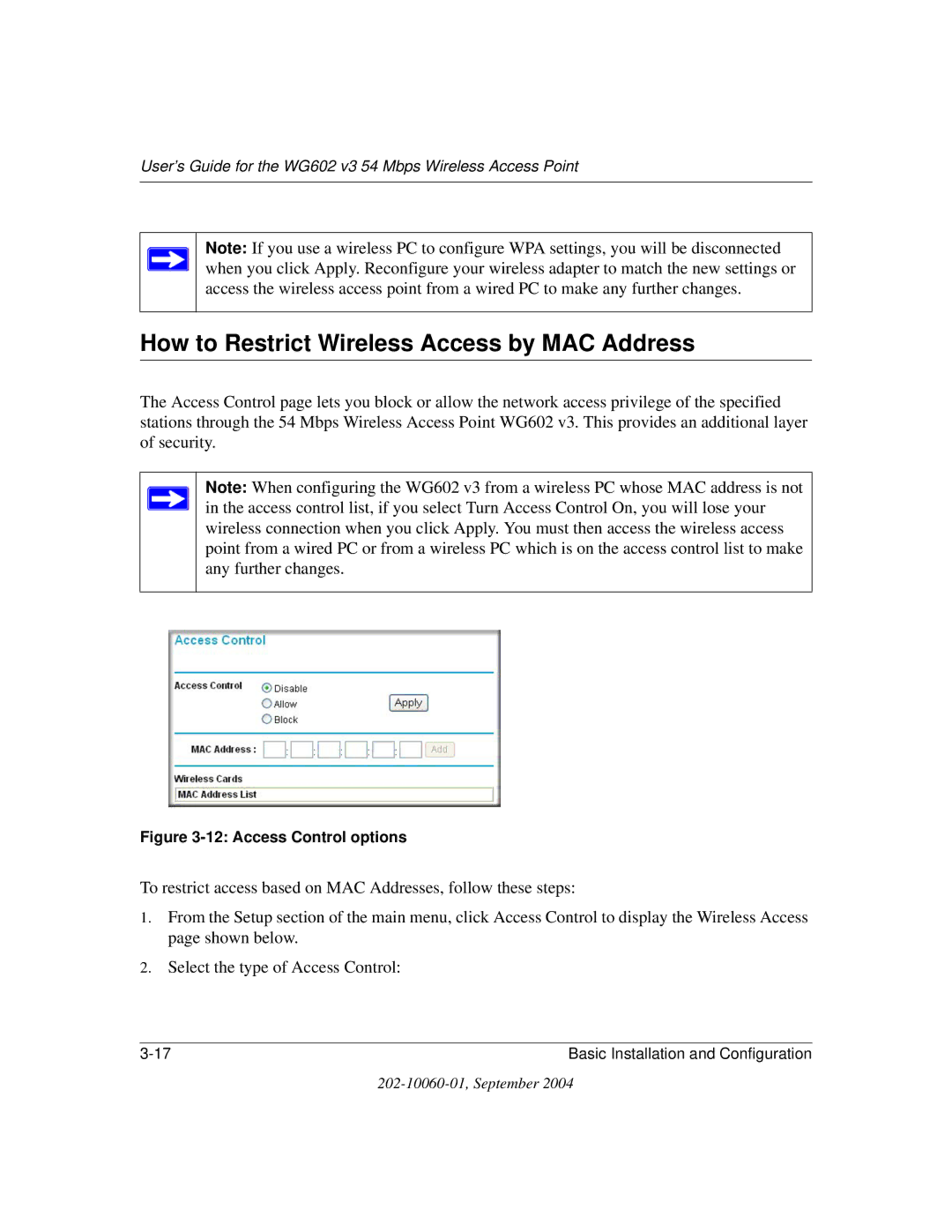 NETGEAR WG602NA manual How to Restrict Wireless Access by MAC Address, Access Control options 