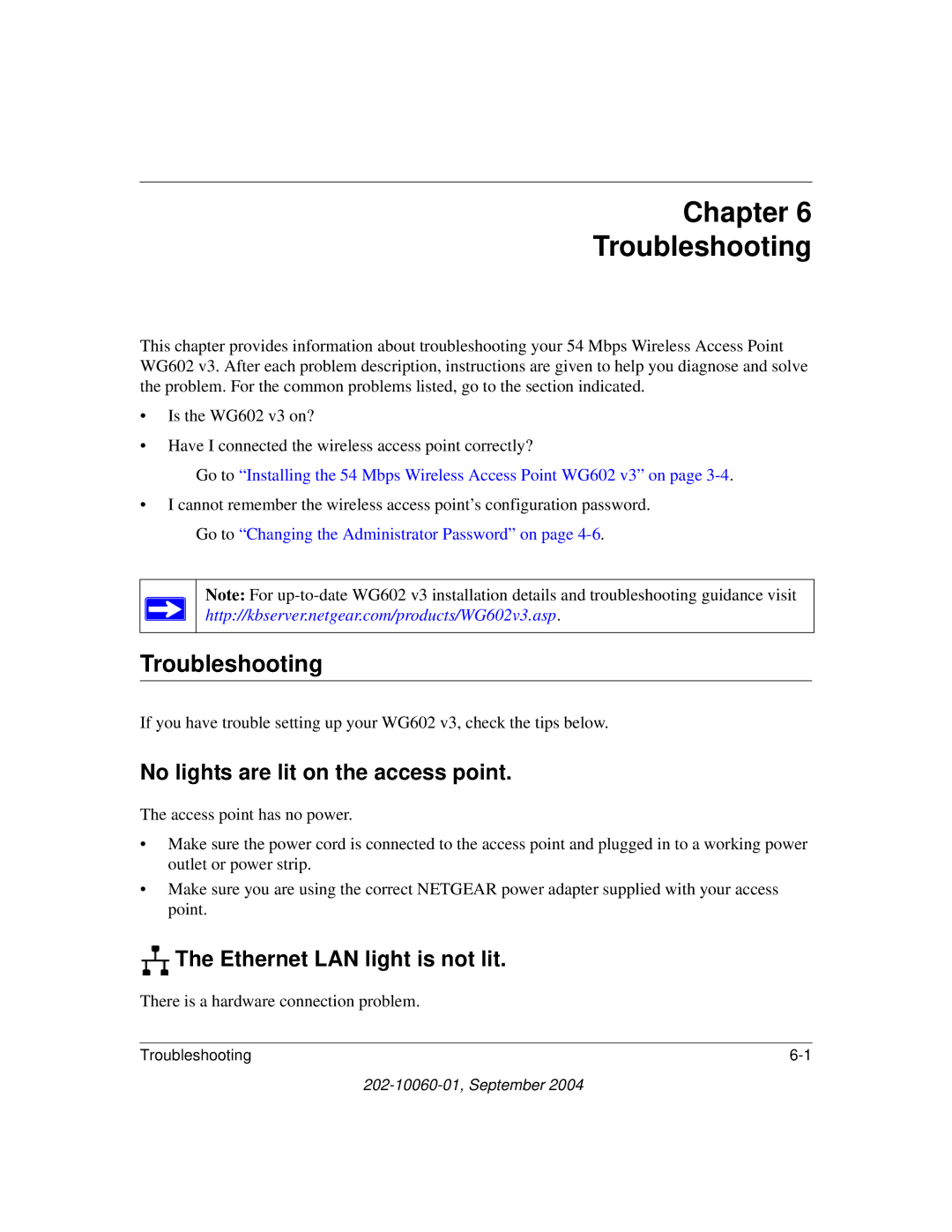 NETGEAR WG602NA manual Chapter Troubleshooting, No lights are lit on the access point, Ethernet LAN light is not lit 