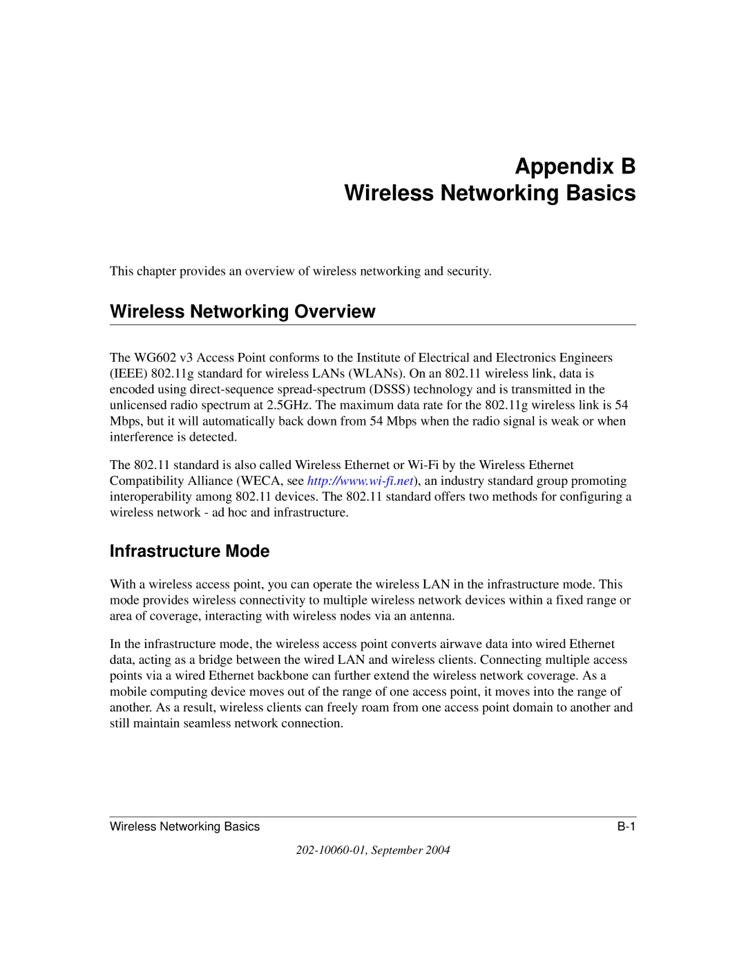 NETGEAR WG602NA manual Appendix B Wireless Networking Basics, Wireless Networking Overview, Infrastructure Mode 