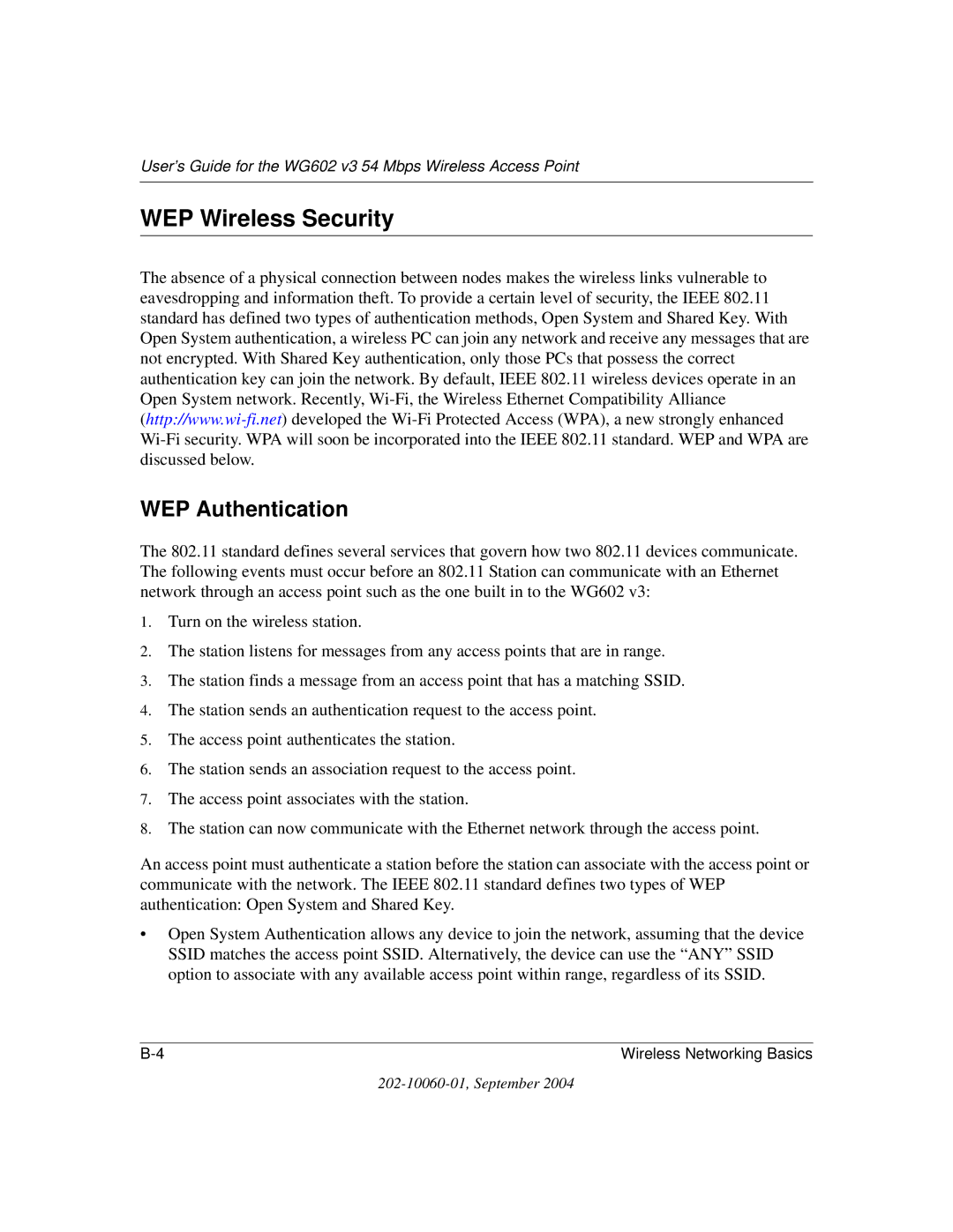 NETGEAR WG602NA manual WEP Wireless Security, WEP Authentication 