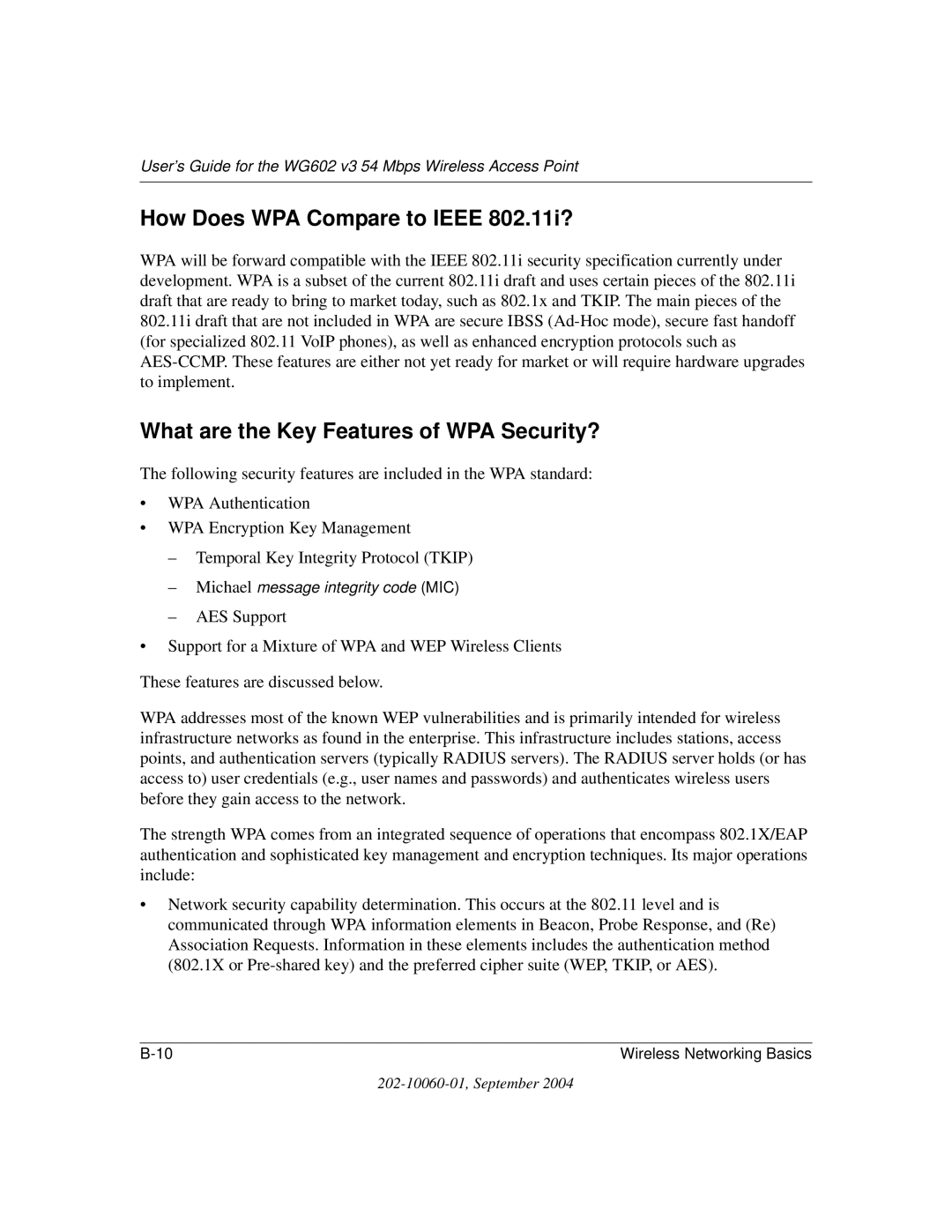 NETGEAR WG602NA manual How Does WPA Compare to Ieee 802.11i?, What are the Key Features of WPA Security? 