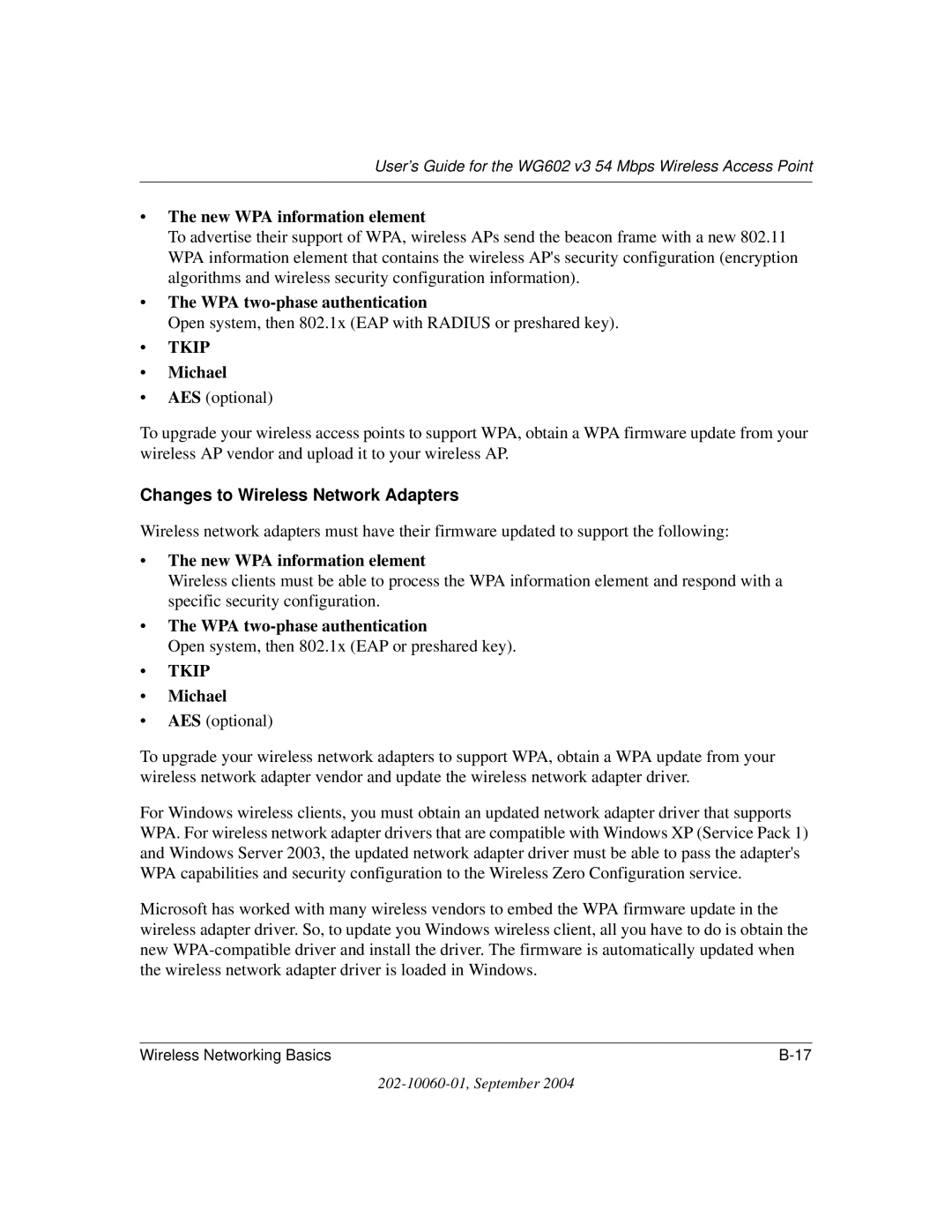 NETGEAR WG602NA manual Changes to Wireless Network Adapters 