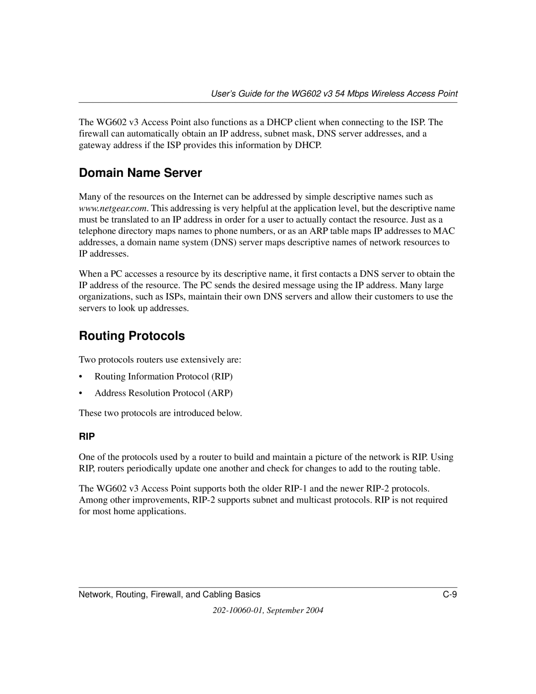 NETGEAR WG602NA manual Domain Name Server, Routing Protocols 