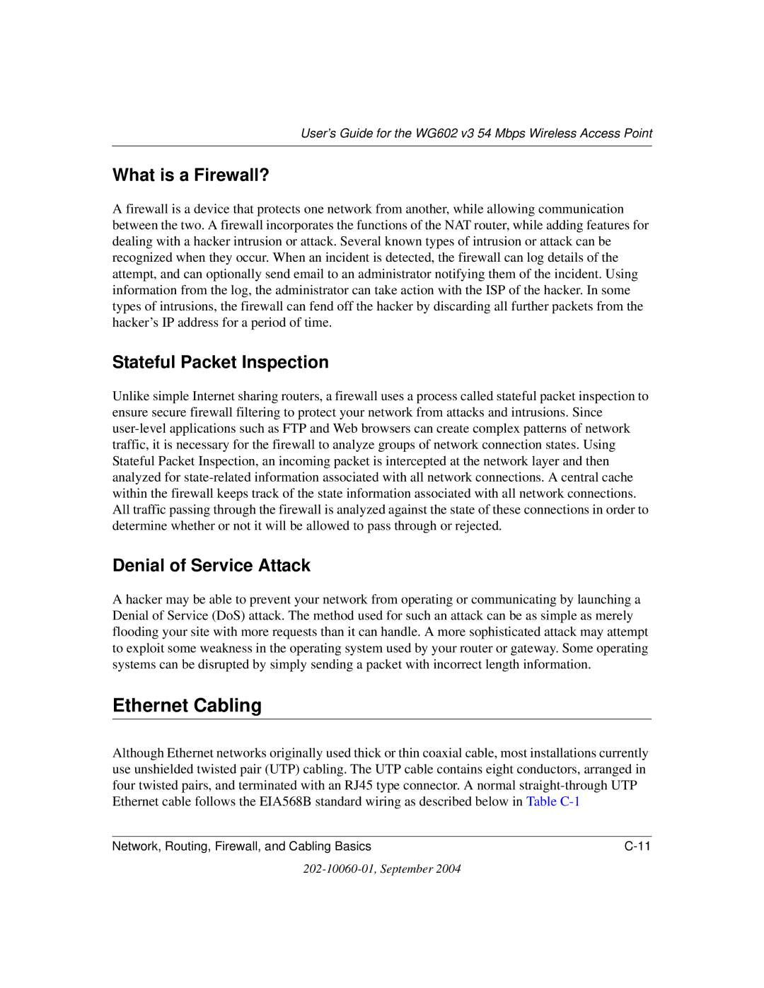 NETGEAR WG602NA manual Ethernet Cabling, What is a Firewall?, Stateful Packet Inspection, Denial of Service Attack 