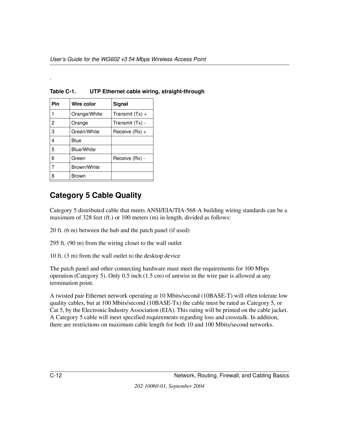 NETGEAR WG602NA manual Category 5 Cable Quality, Table C-1 UTP Ethernet cable wiring, straight-through 