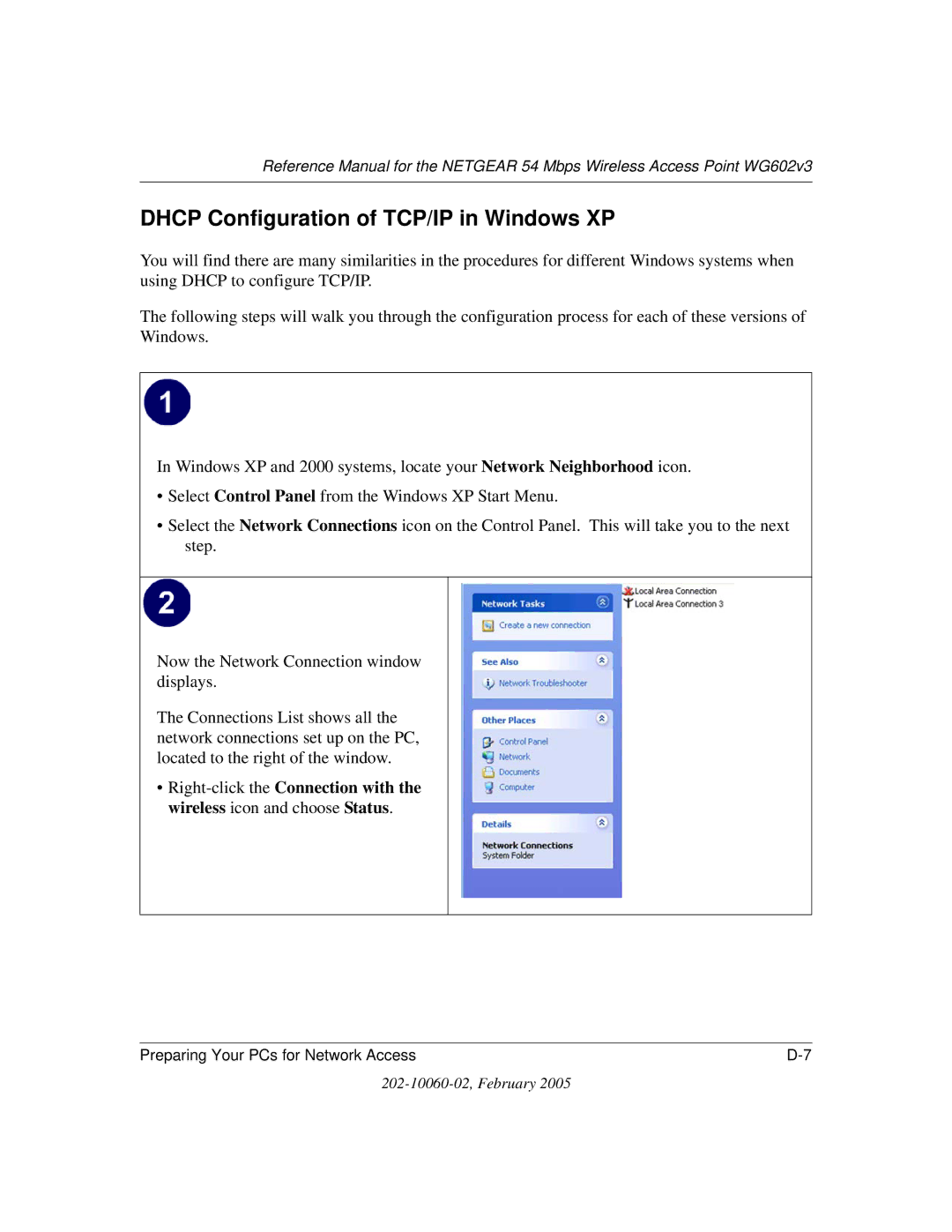 NETGEAR WG602v3 manual Dhcp Configuration of TCP/IP in Windows XP 