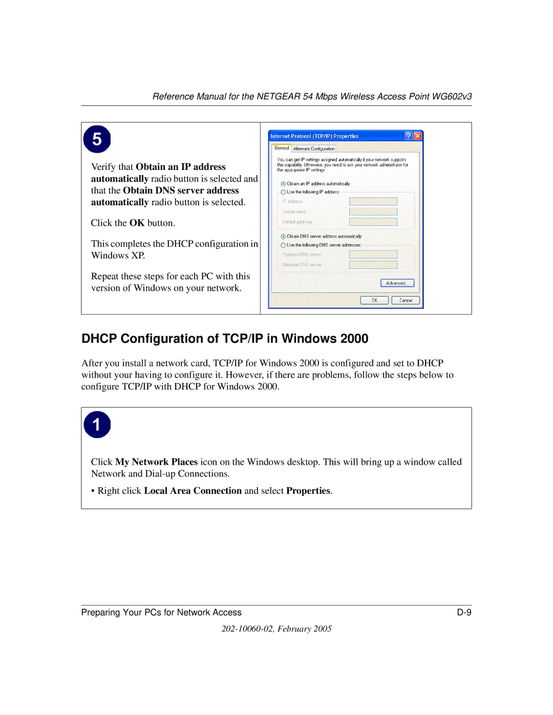 NETGEAR WG602v3 manual Dhcp Configuration of TCP/IP in Windows, Right click Local Area Connection and select Properties 