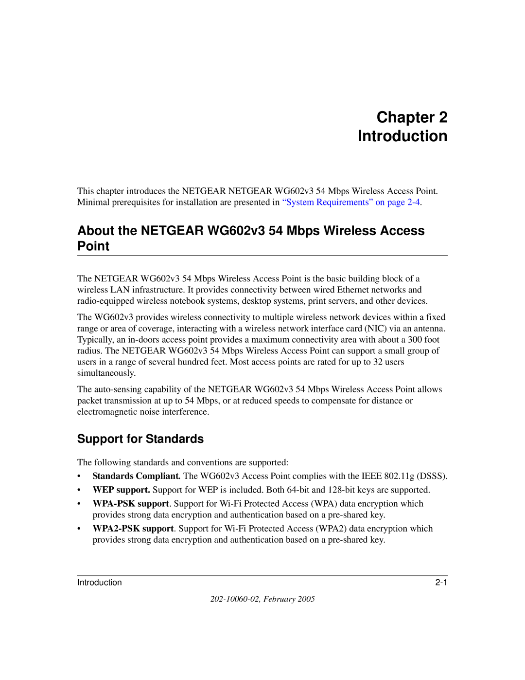 NETGEAR manual Chapter Introduction, About the Netgear WG602v3 54 Mbps Wireless Access Point, Support for Standards 