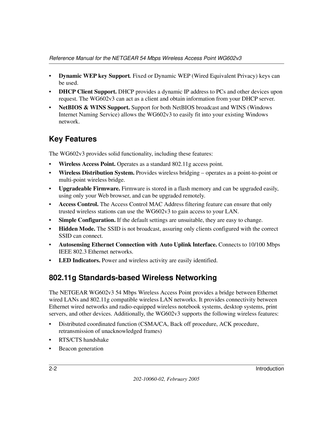 NETGEAR WG602v3 manual Key Features, 802.11g Standards-based Wireless Networking 