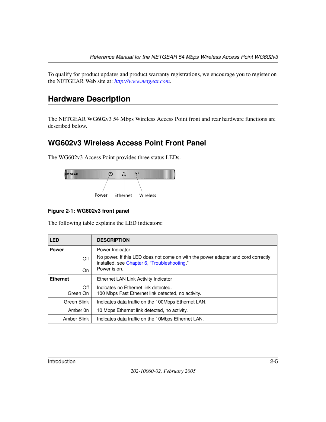 NETGEAR manual Hardware Description, WG602v3 Wireless Access Point Front Panel 