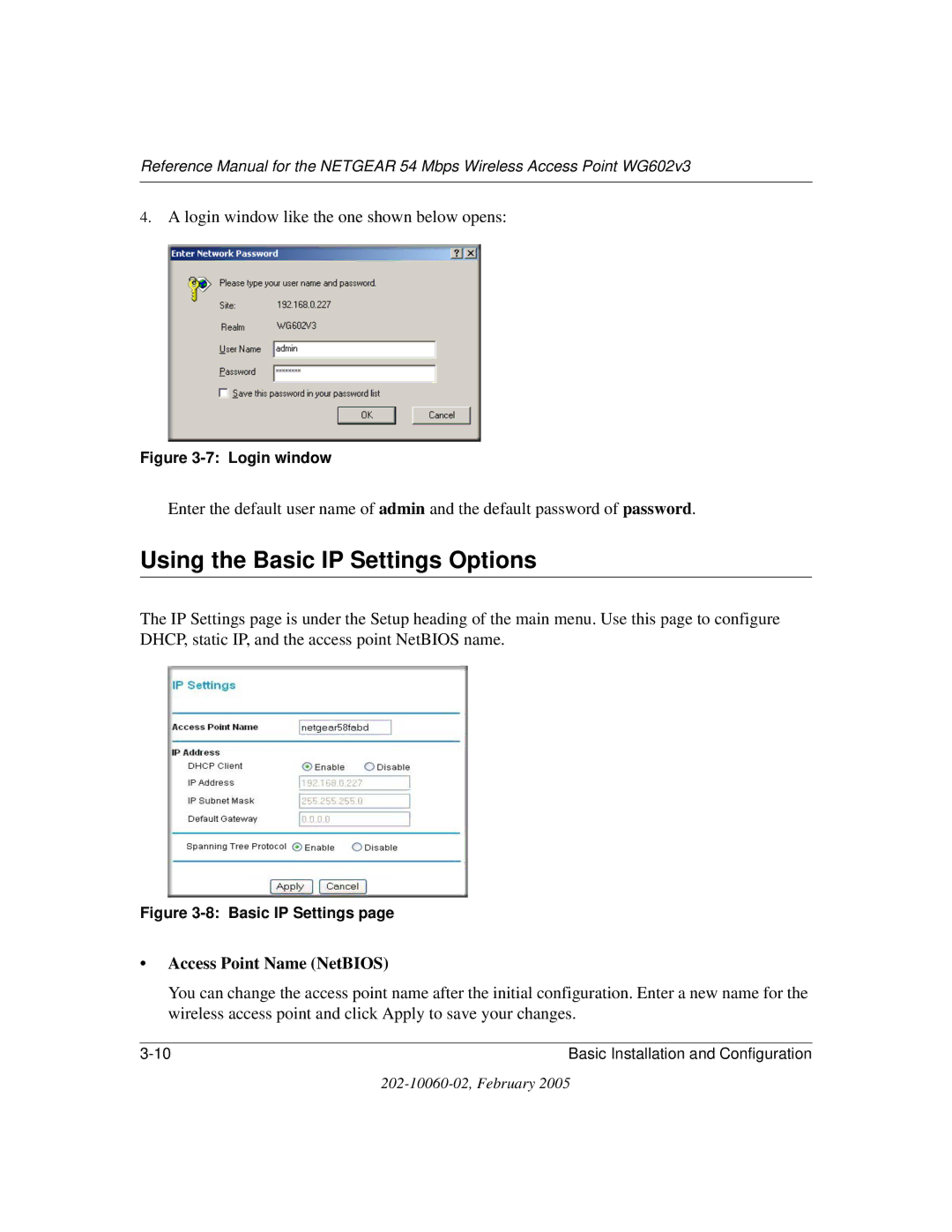 NETGEAR WG602v3 manual Using the Basic IP Settings Options, Access Point Name NetBIOS 