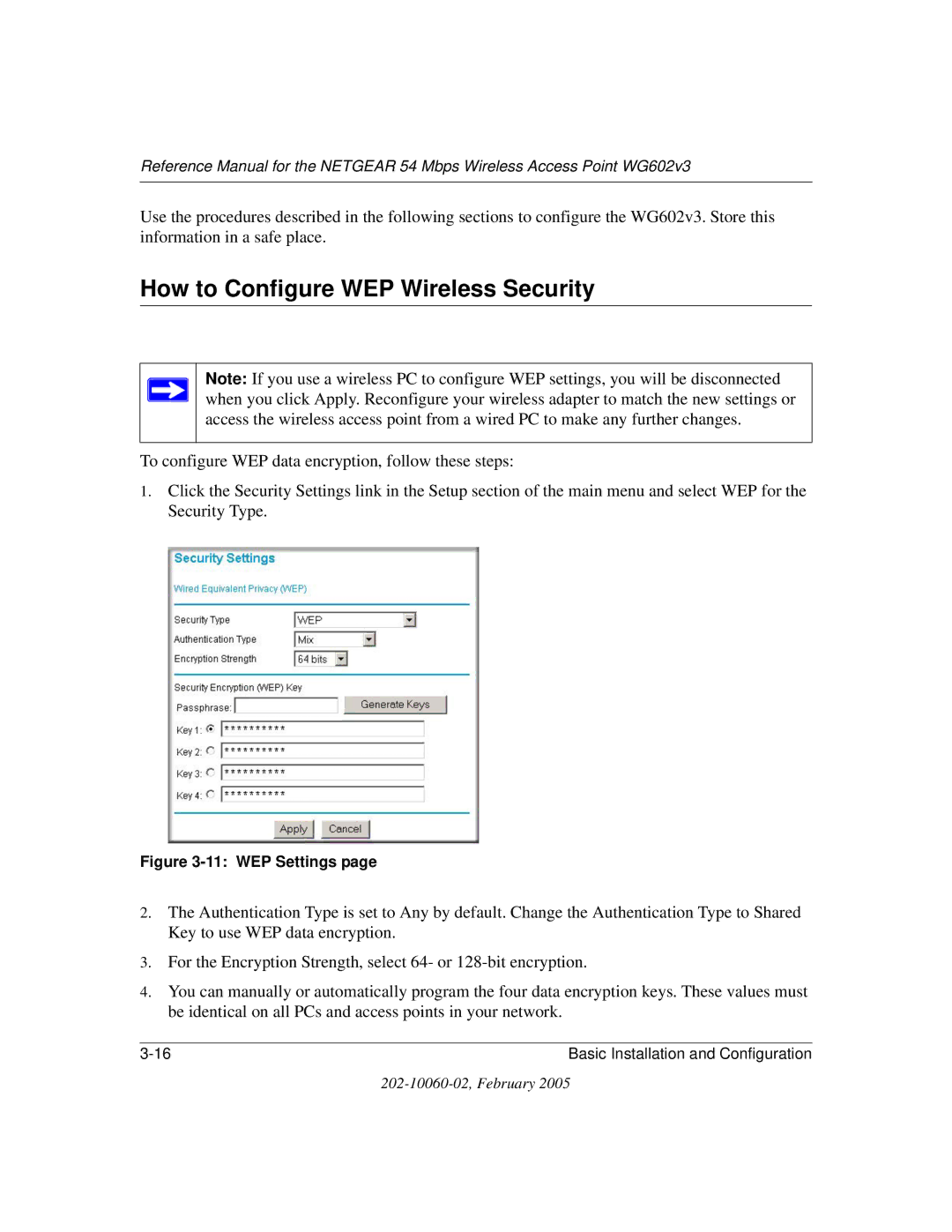 NETGEAR WG602v3 manual How to Configure WEP Wireless Security, WEP Settings 