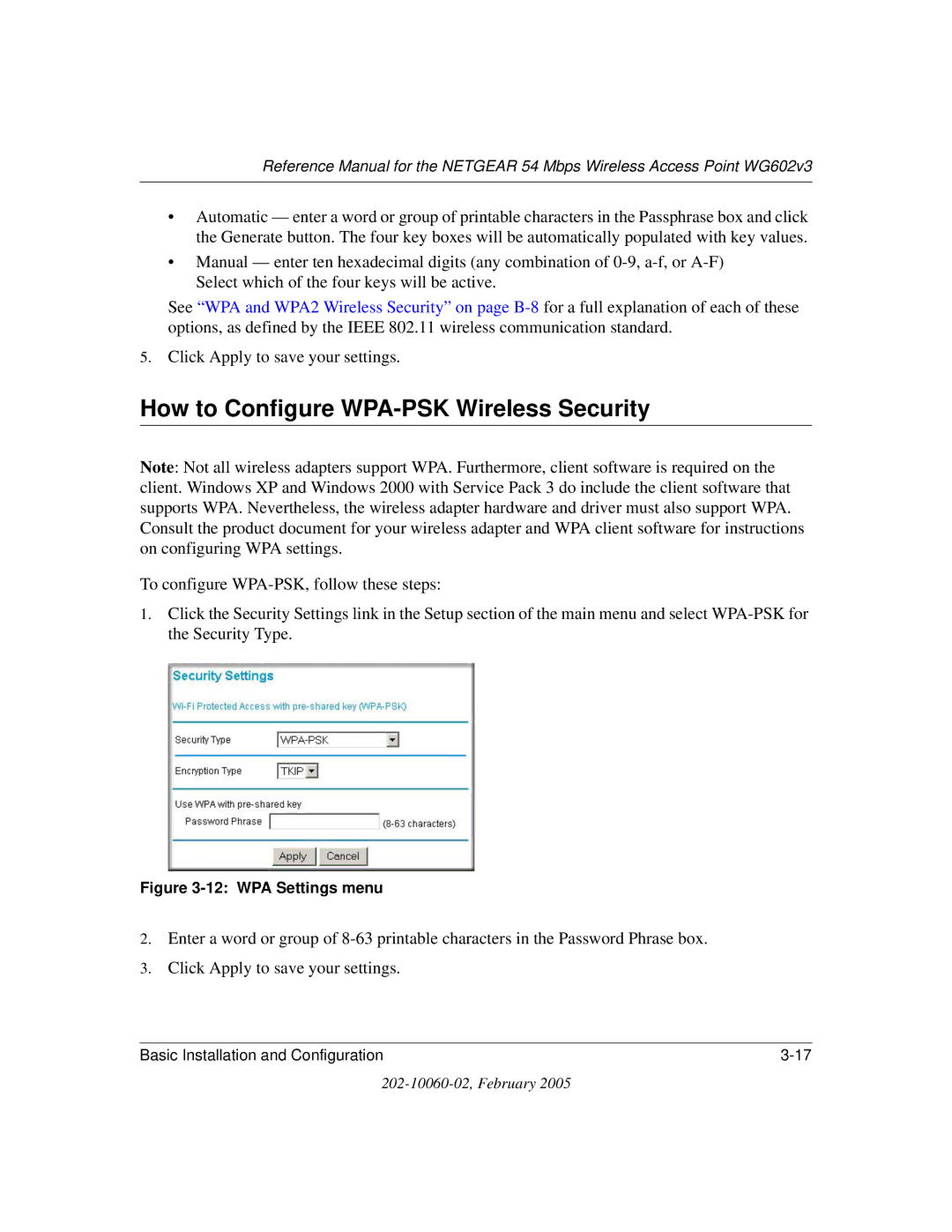 NETGEAR WG602v3 manual How to Configure WPA-PSK Wireless Security, WPA Settings menu 