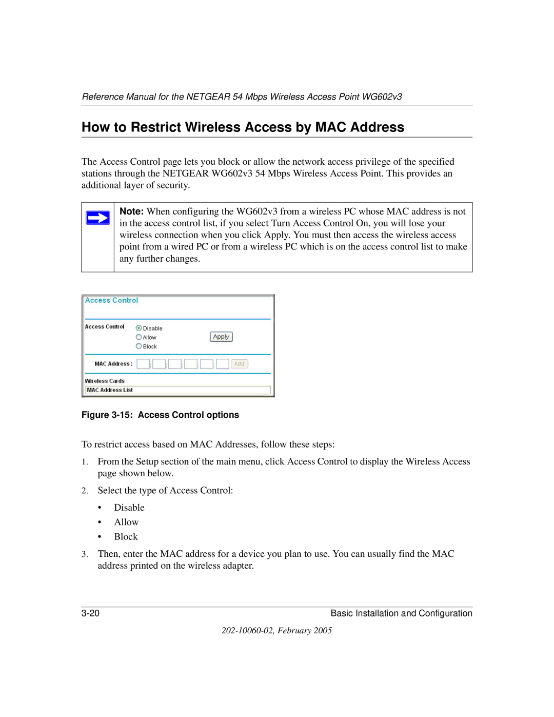 NETGEAR WG602v3 manual How to Restrict Wireless Access by MAC Address, Access Control options 