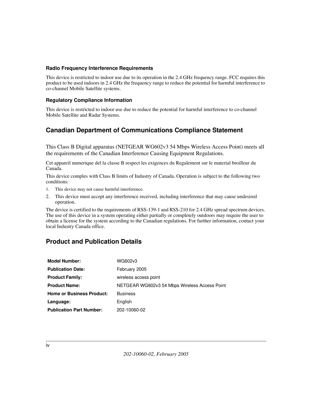 NETGEAR WG602v3 manual Canadian Department of Communications Compliance Statement 