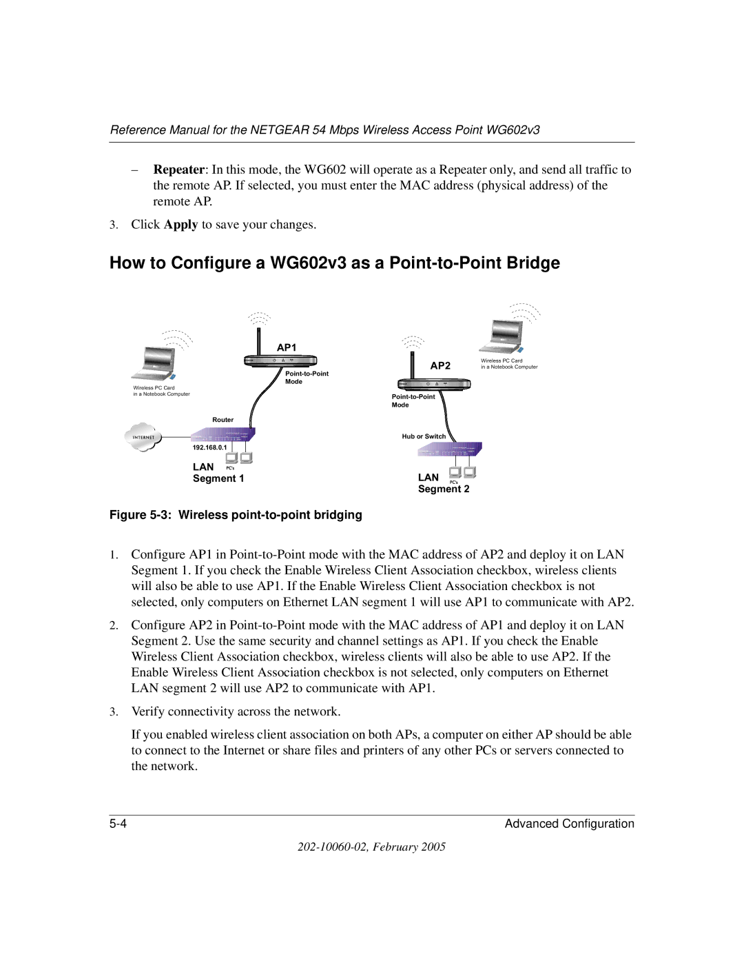 NETGEAR WG602v3 manual As a Point-to-Point Bridge 