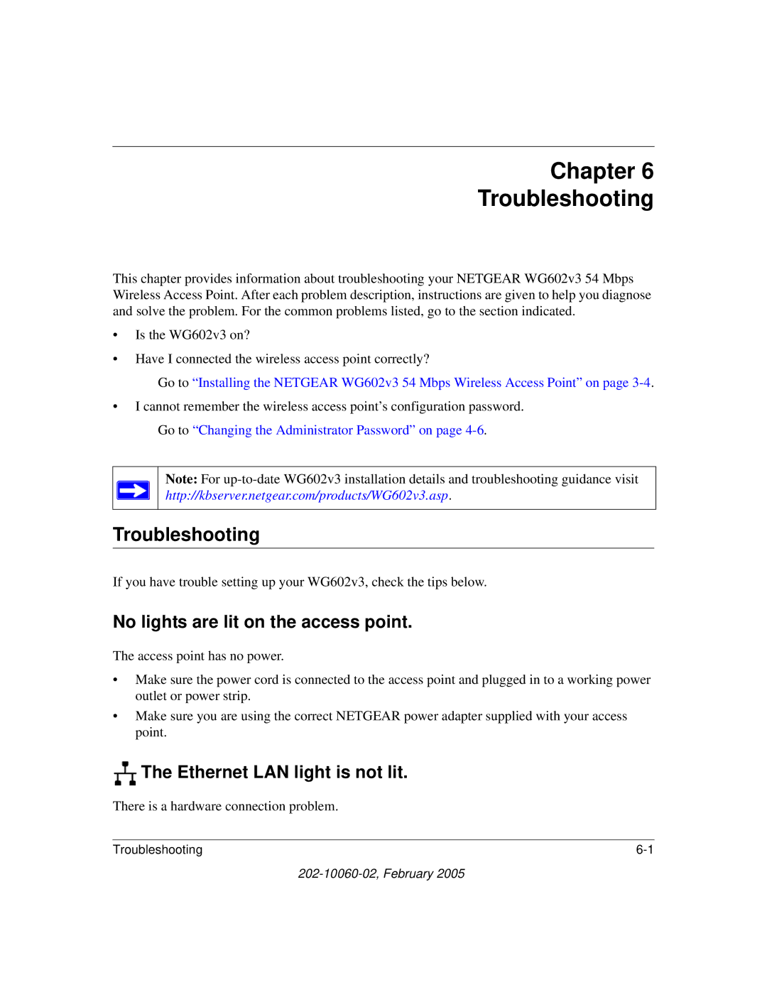 NETGEAR WG602v3 manual Chapter Troubleshooting, No lights are lit on the access point, Ethernet LAN light is not lit 