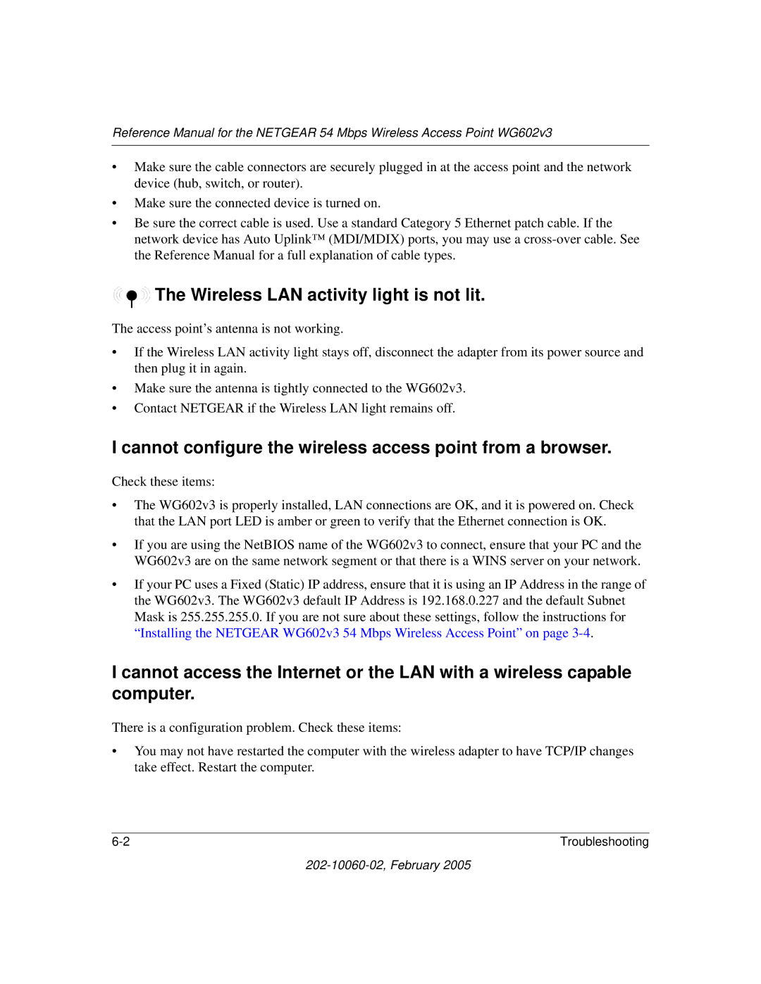 NETGEAR WG602v3 manual Wireless LAN activity light is not lit, Cannot configure the wireless access point from a browser 