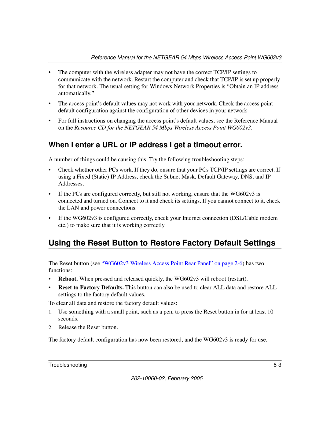 NETGEAR WG602v3 manual Using the Reset Button to Restore Factory Default Settings 