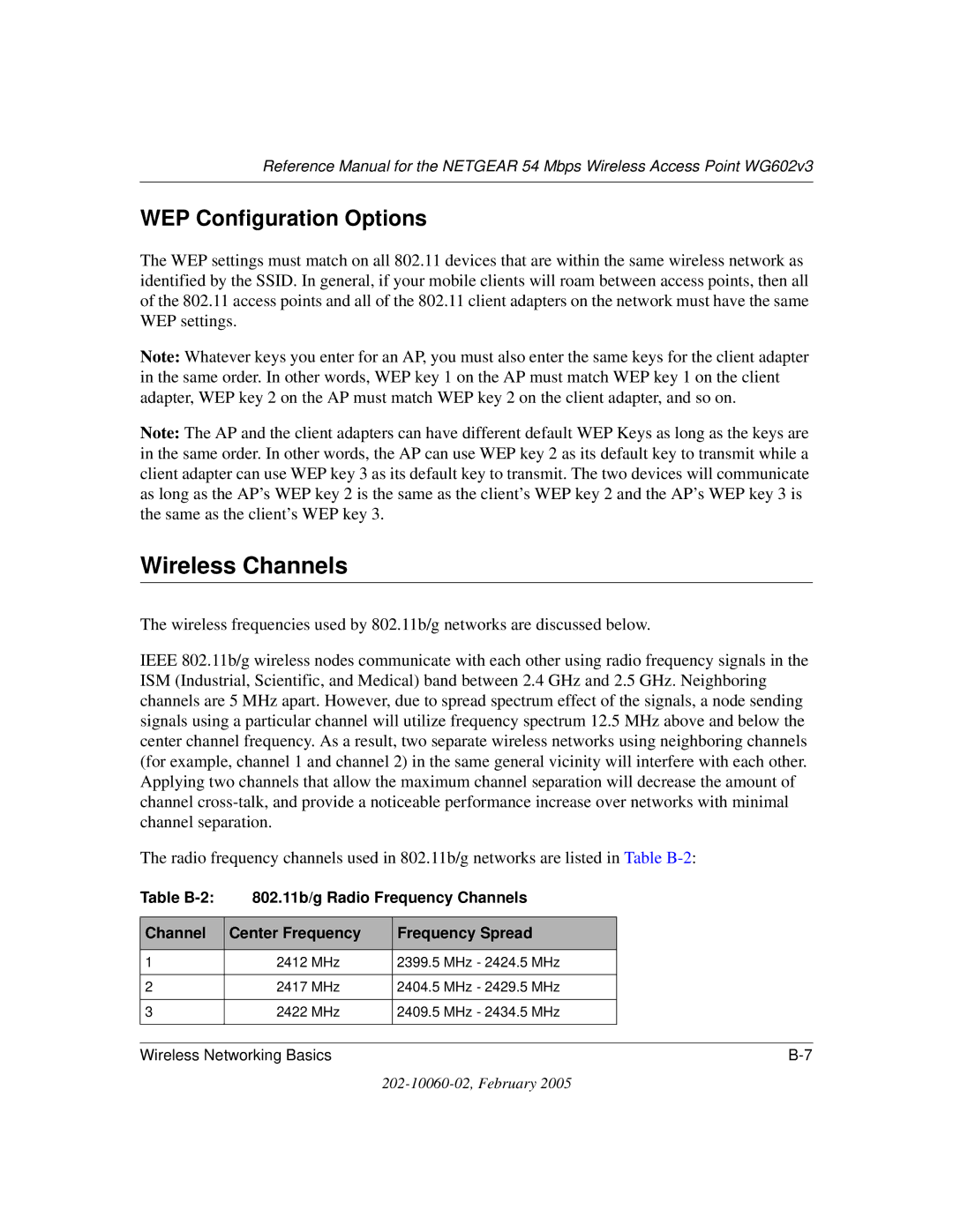 NETGEAR WG602v3 manual Wireless Channels, WEP Configuration Options 