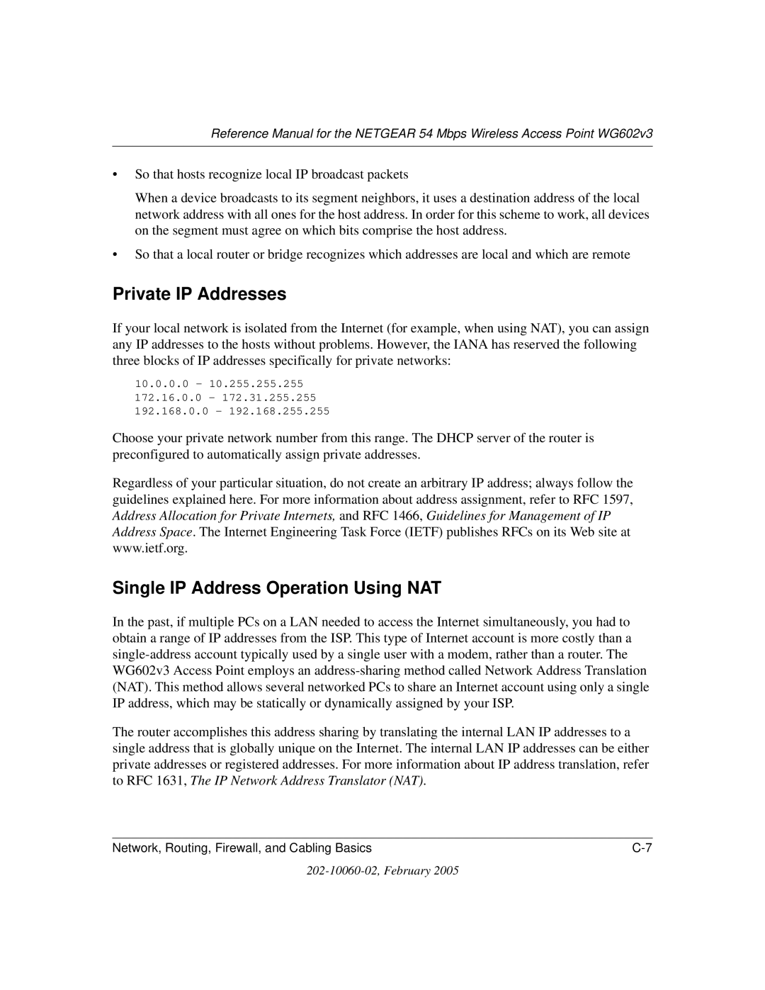 NETGEAR WG602v3 manual Private IP Addresses, Single IP Address Operation Using NAT 