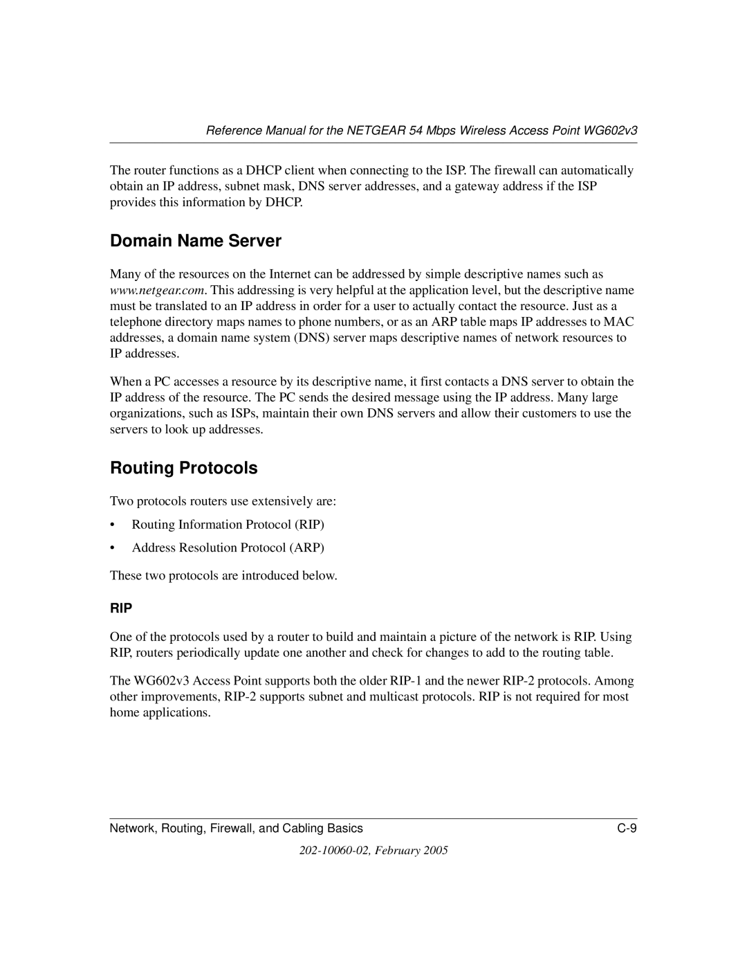 NETGEAR WG602v3 manual Domain Name Server, Routing Protocols 