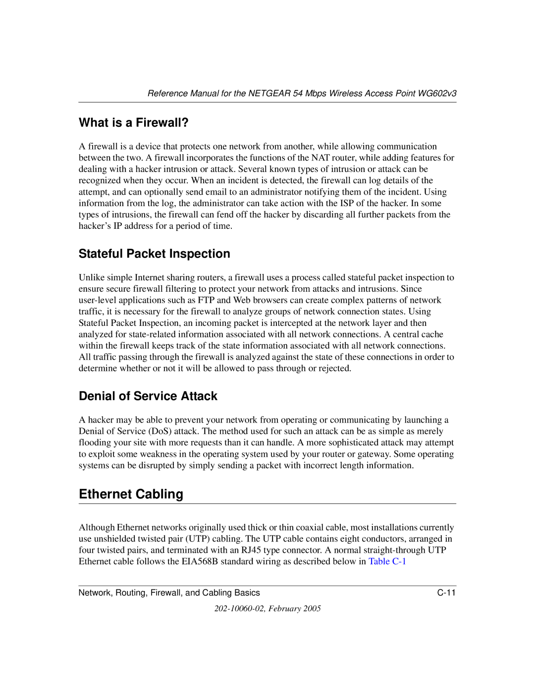 NETGEAR WG602v3 manual Ethernet Cabling, What is a Firewall?, Stateful Packet Inspection, Denial of Service Attack 