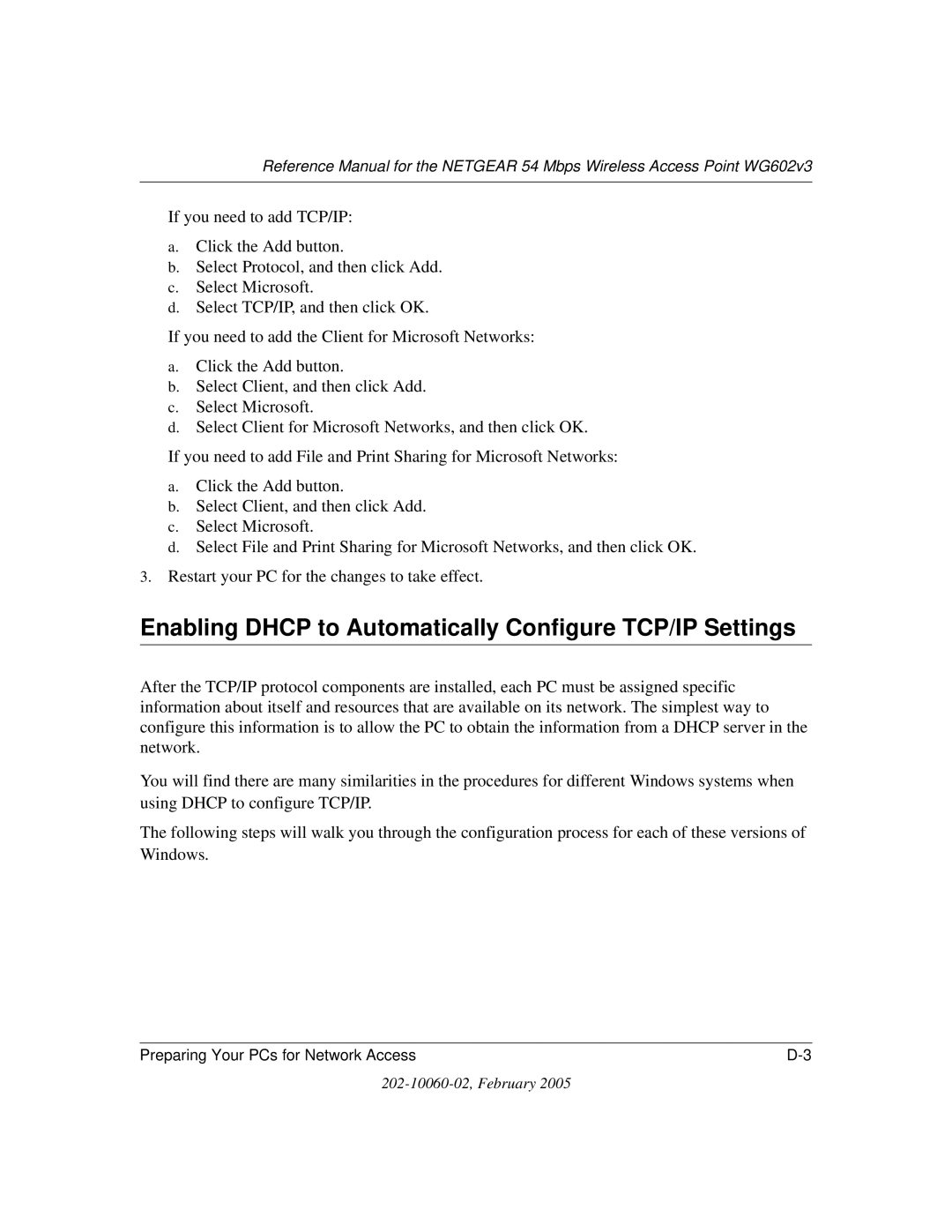 NETGEAR WG602v3 manual Enabling Dhcp to Automatically Configure TCP/IP Settings 