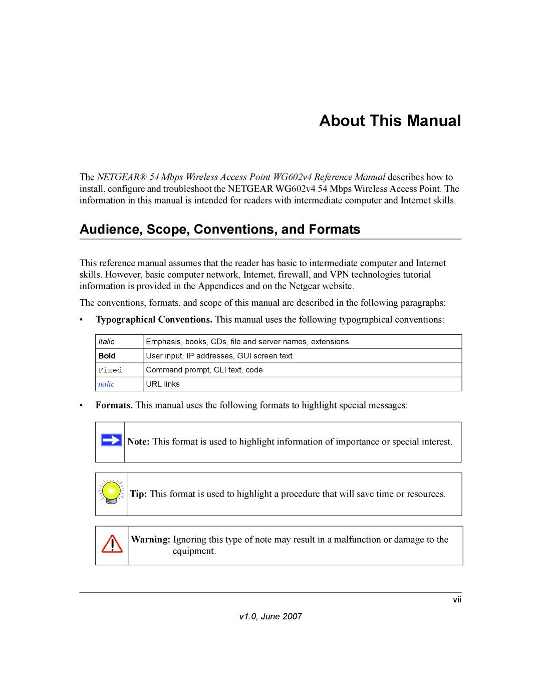 NETGEAR WG602V4 manual About This Manual, Audience, Scope, Conventions, and Formats 