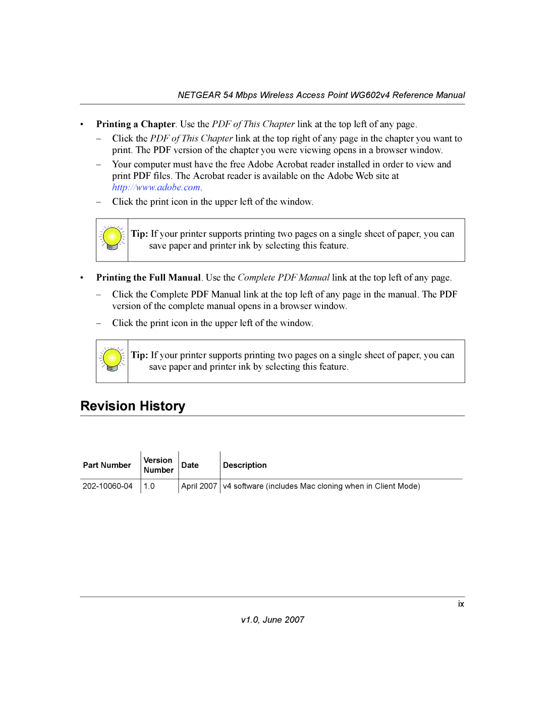 NETGEAR WG602V4 manual Revision History 