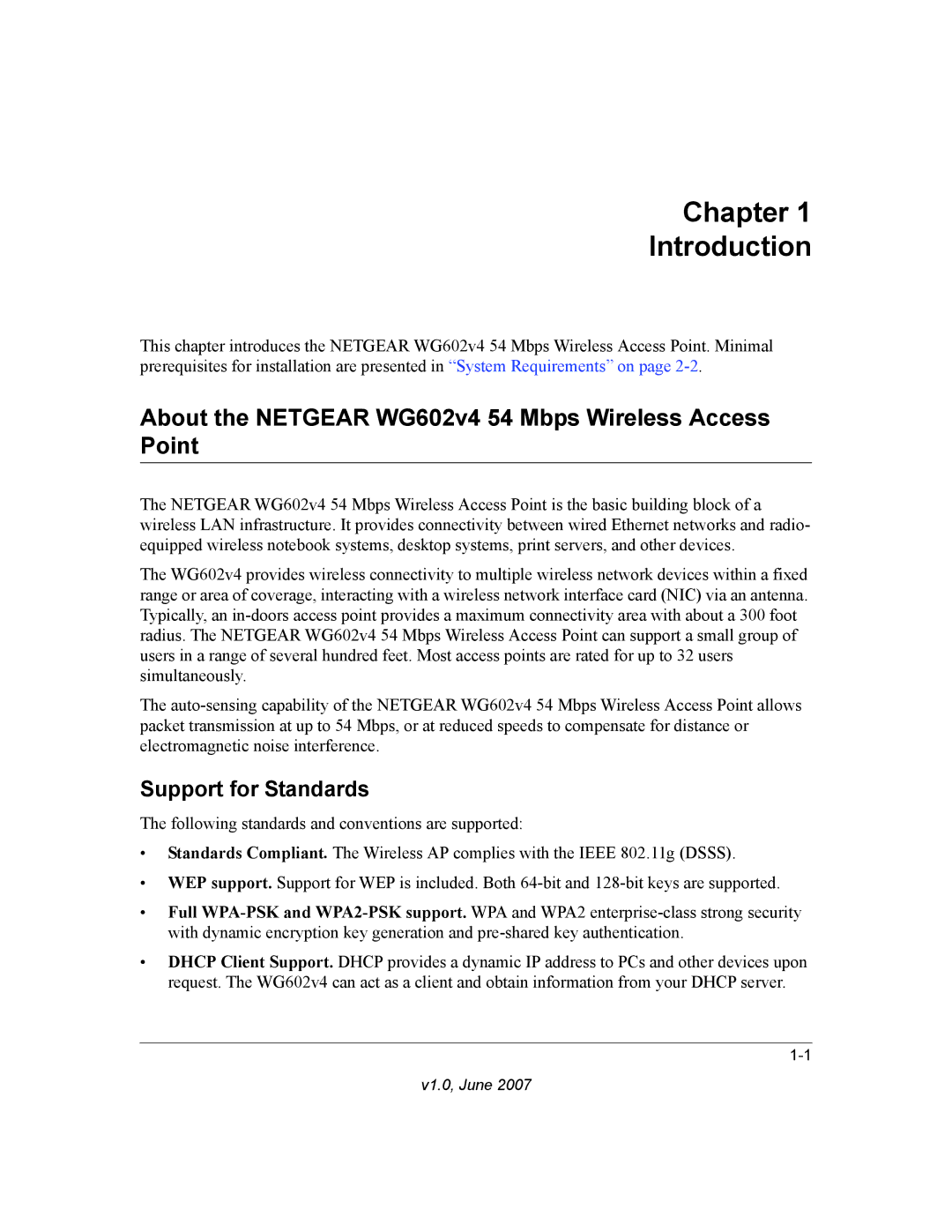 NETGEAR WG602V4 manual Chapter Introduction, About the Netgear WG602v4 54 Mbps Wireless Access Point, Support for Standards 