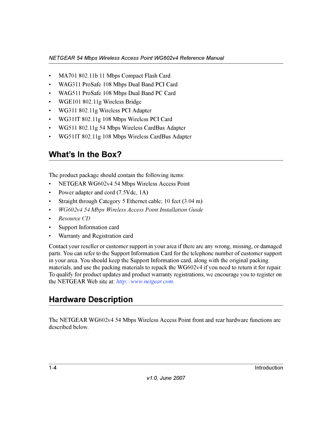 NETGEAR WG602V4 manual What’s In the Box?, Hardware Description 