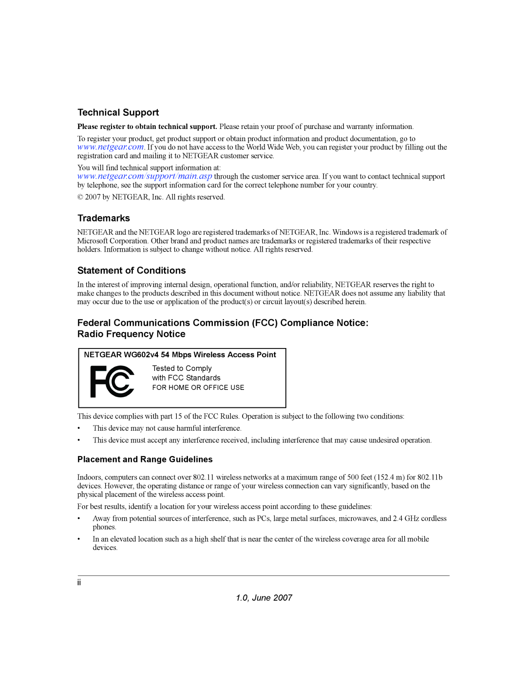 NETGEAR WG602V4 manual Technical Support, Placement and Range Guidelines 