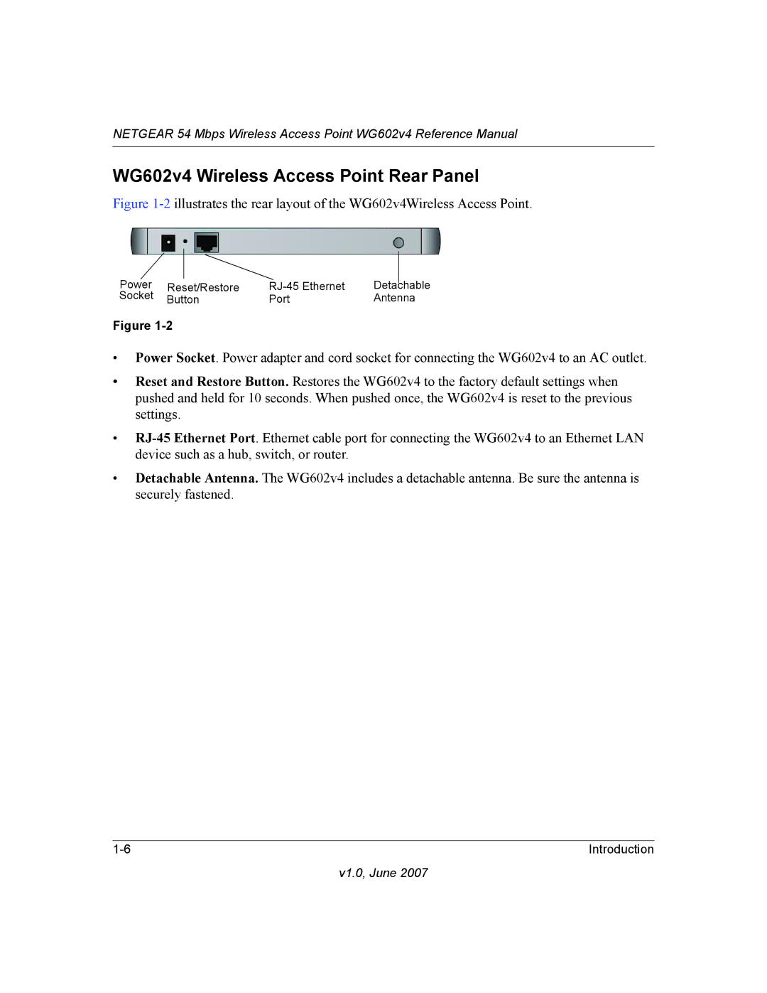 NETGEAR WG602V4 manual WG602v4 Wireless Access Point Rear Panel 