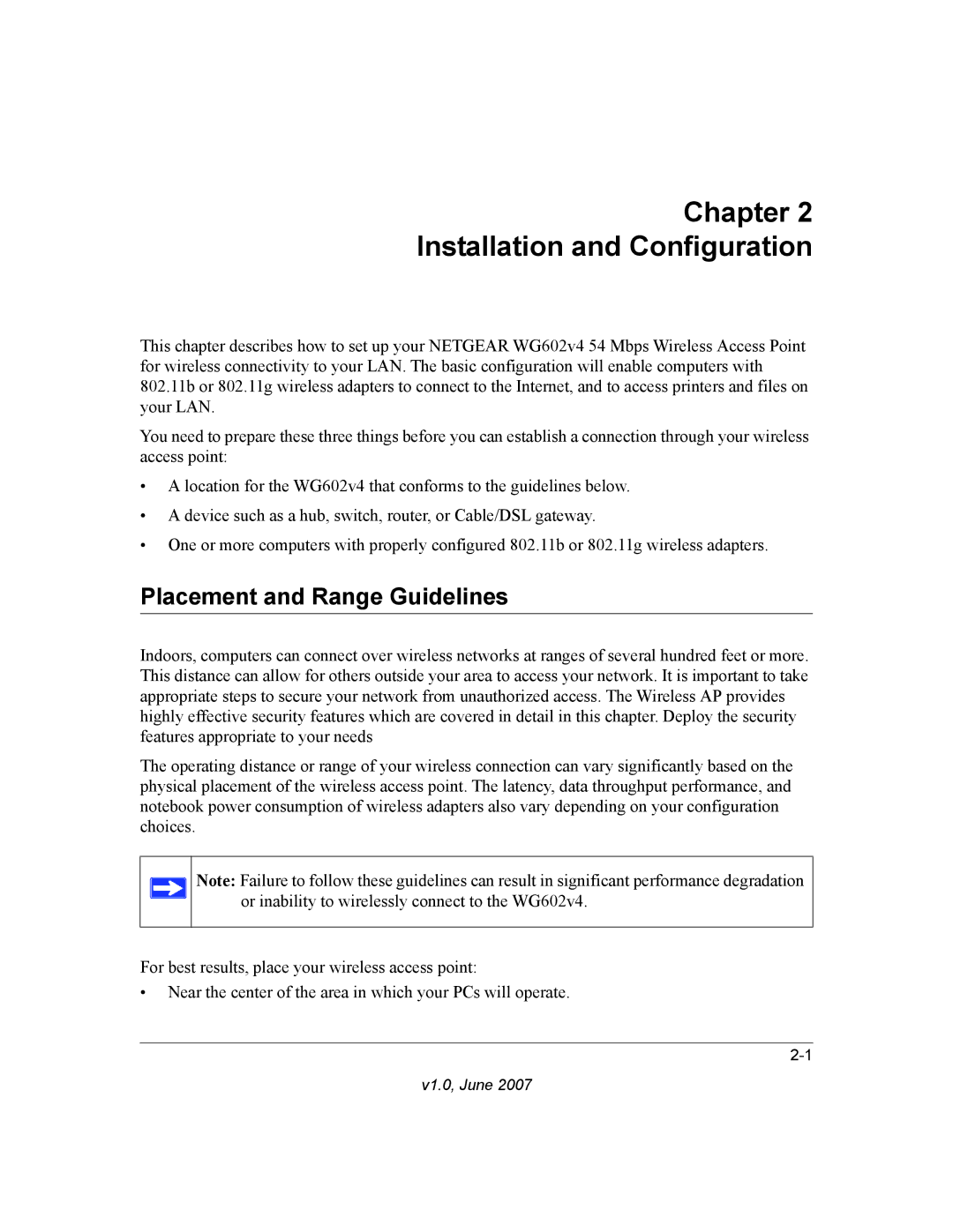 NETGEAR WG602V4 manual Chapter Installation and Configuration, Placement and Range Guidelines 