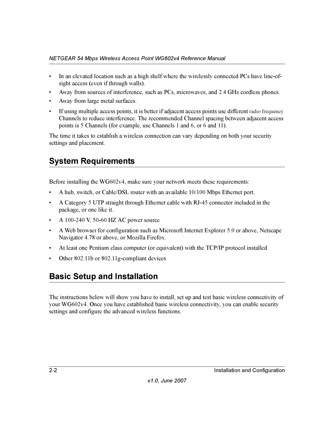 NETGEAR WG602V4 manual System Requirements, Basic Setup and Installation 