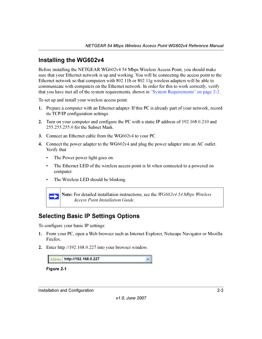 NETGEAR WG602V4 manual Installing the WG602v4, Selecting Basic IP Settings Options 