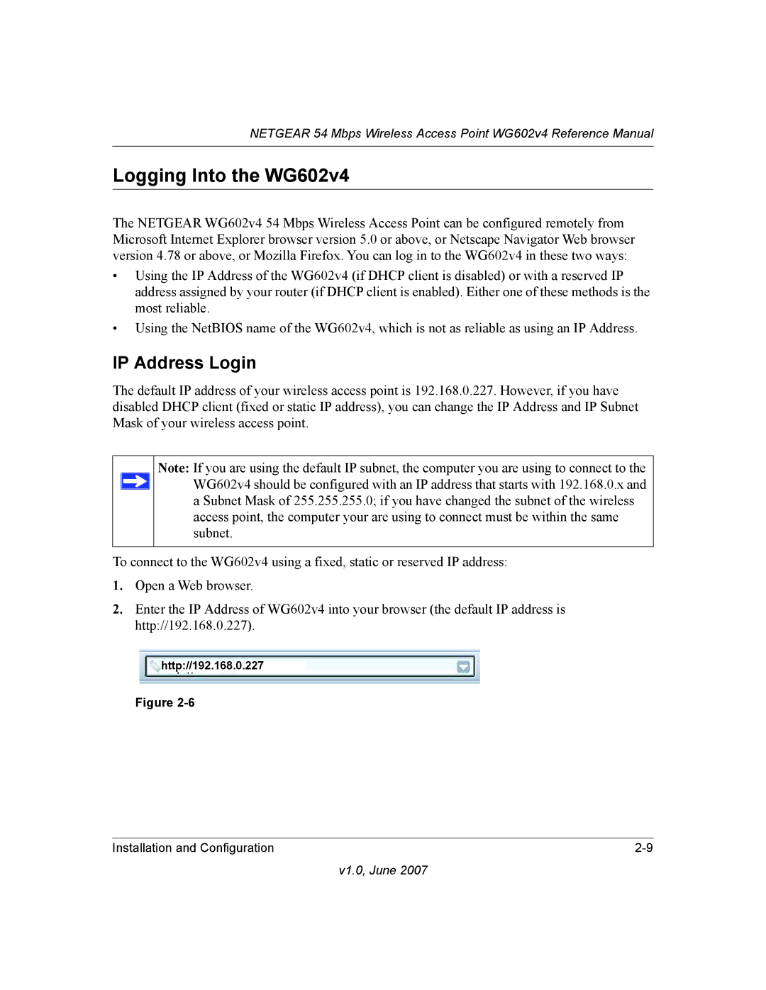 NETGEAR WG602V4 manual Logging Into the WG602v4, IP Address Login 