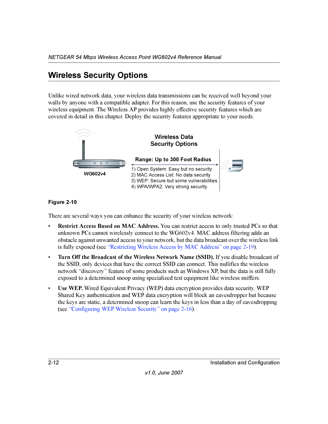 NETGEAR WG602V4 manual Wireless Security Options, Range Up to 300 Foot Radius 