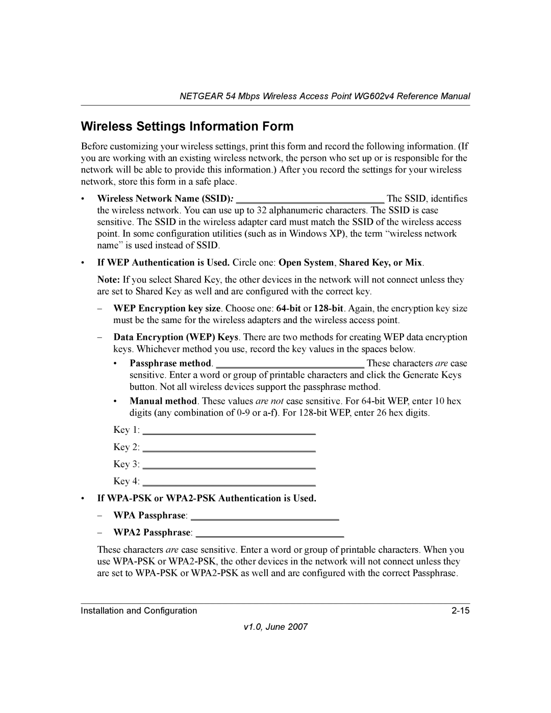 NETGEAR WG602V4 manual Wireless Settings Information Form, If WPA-PSK or WPA2-PSK Authentication is Used 