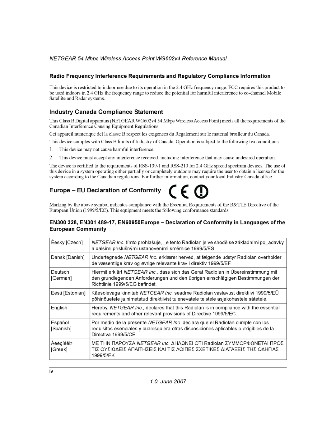 NETGEAR WG602V4 manual Industry Canada Compliance Statement 