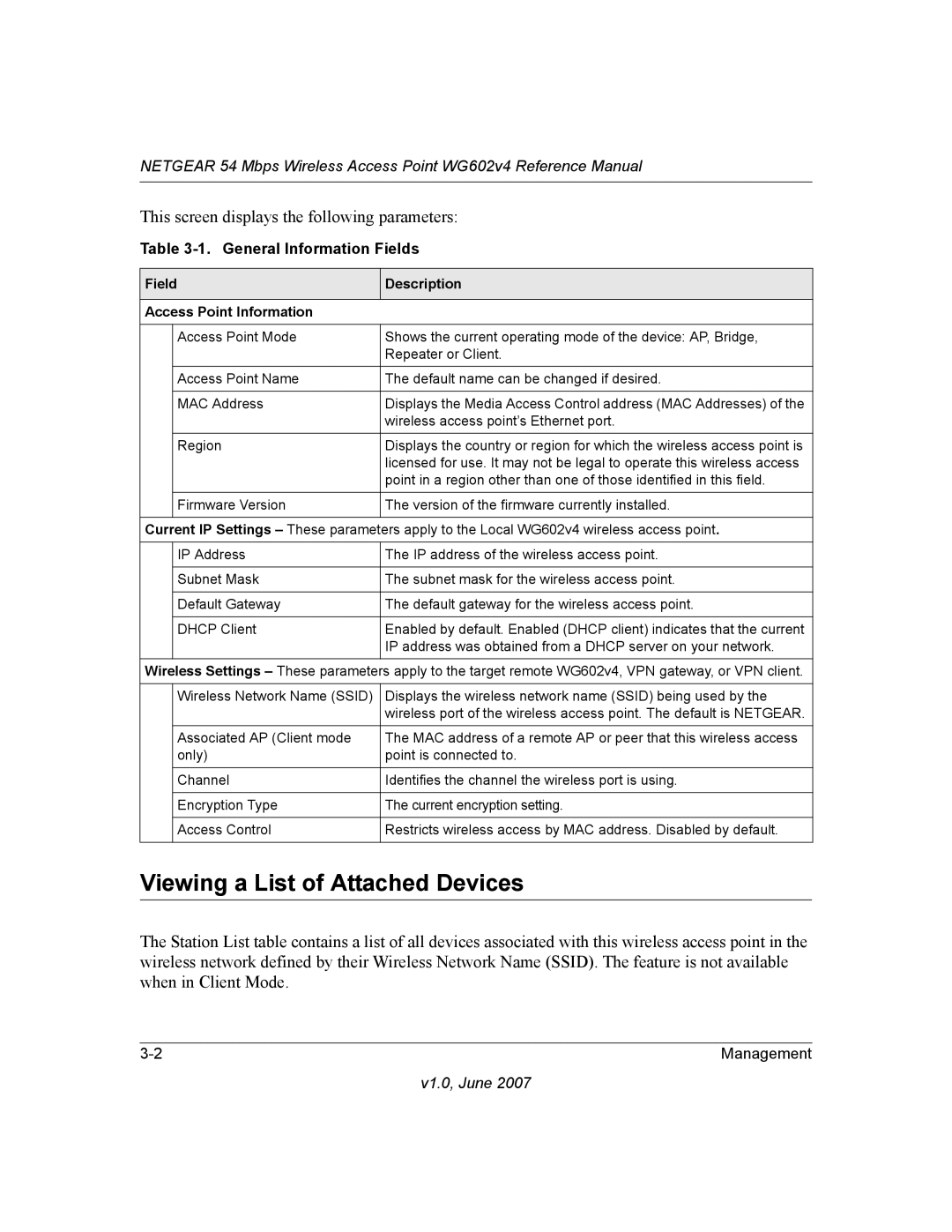 NETGEAR WG602V4 manual Viewing a List of Attached Devices, General Information Fields 