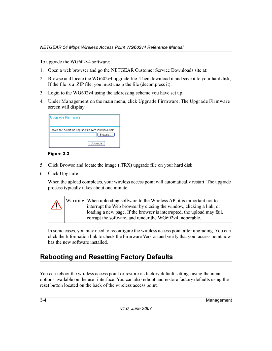 NETGEAR WG602V4 manual Rebooting and Resetting Factory Defaults 